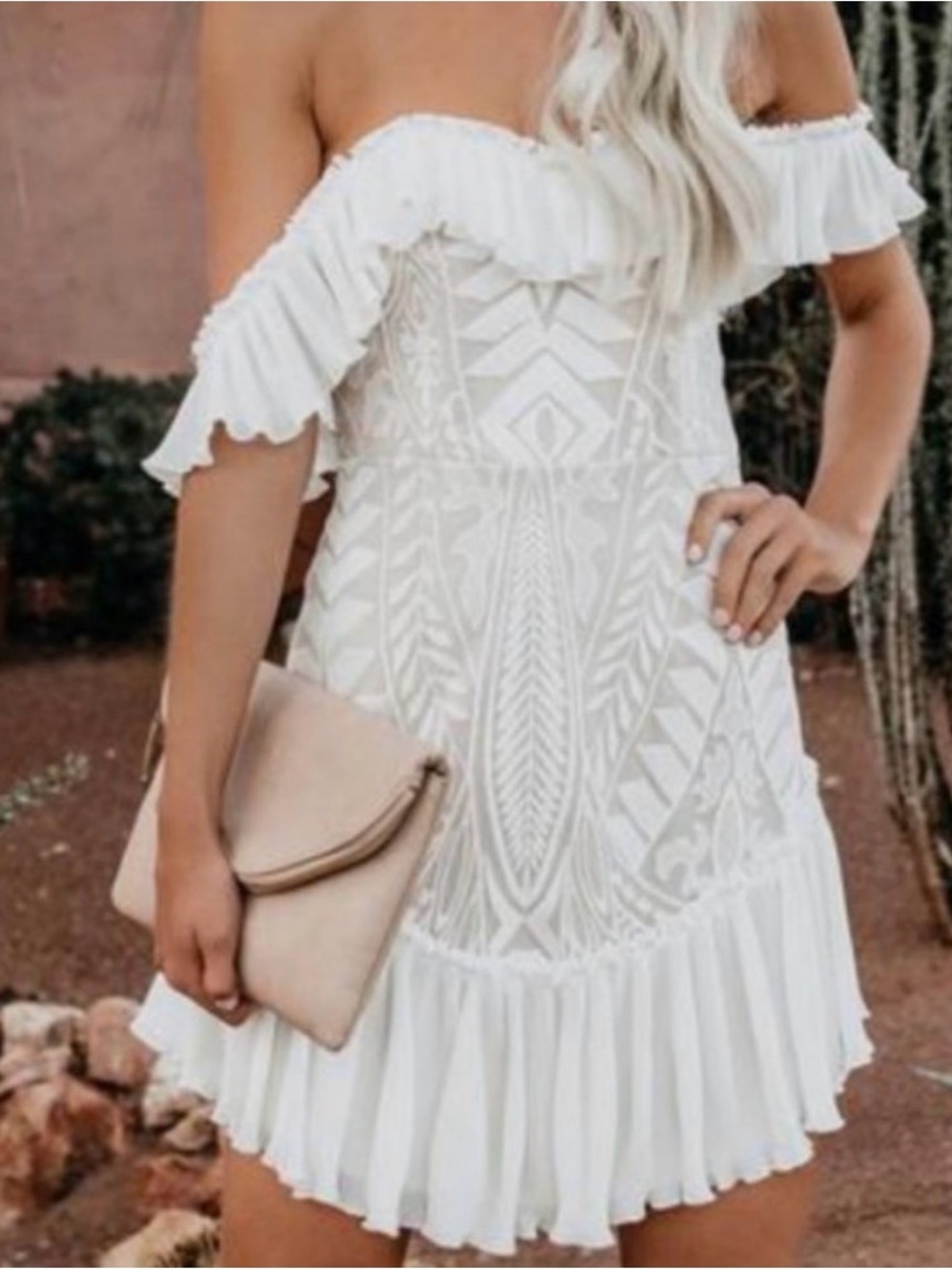 Saints & Secrets Ivory‎ Sheer Overlay Mini Dress Lace Ruffled Off Shoulders M